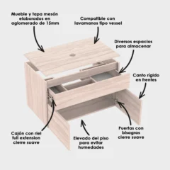 Especificaciones tapa mesón vessel y lavamanos